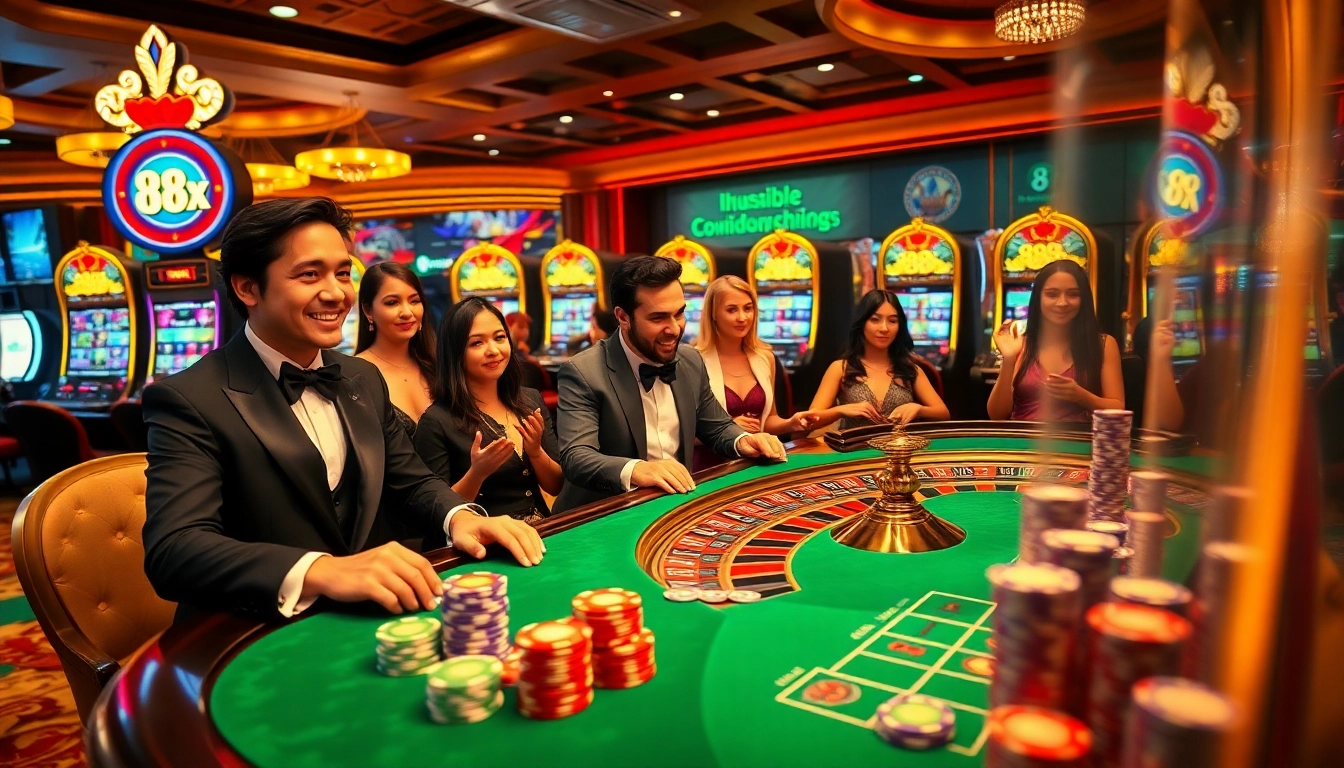 Excited players at a casino table engaging in thrilling bets at 88xx.
