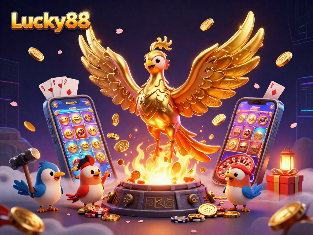 Experience thrilling excitement at Lucky88 with a golden phoenix, casino games, and riches.