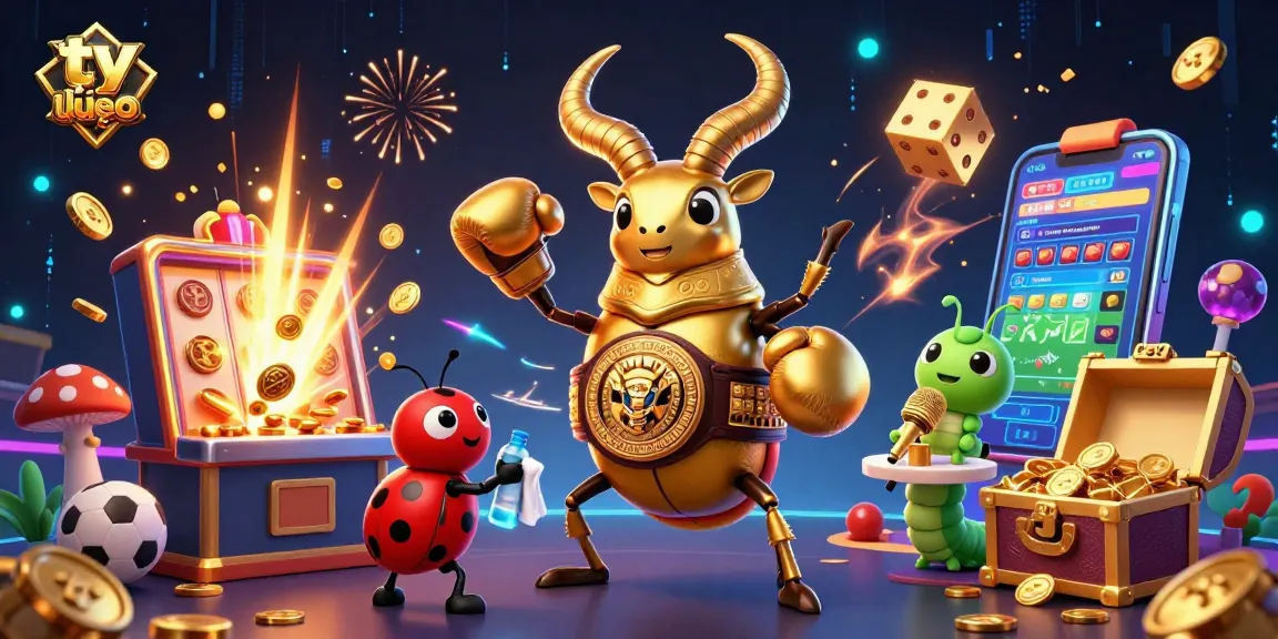 Engage in sports betting with tỷ lệ kèo, featuring a golden stag beetle champion and vibrant casino elements.