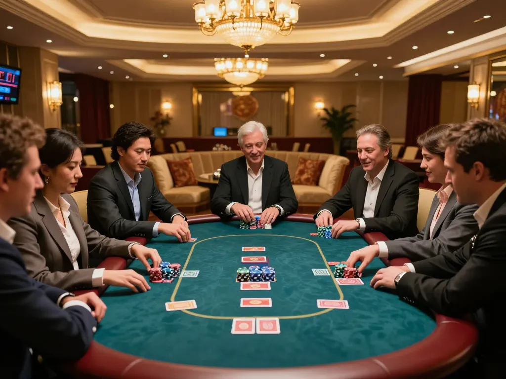 fun79 vip players enjoying a high-stakes poker game in an elegant casino setting
