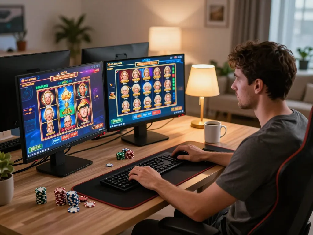 Player engaged in online gaming at home, exploring okfun slot games on high-resolution monitor.
