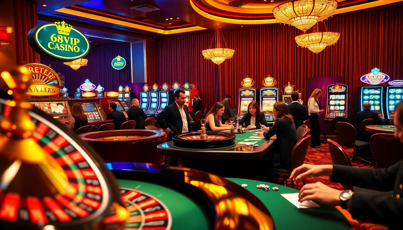 Exciting scene at 68VIP casino showcasing players enjoying roulette and poker games.