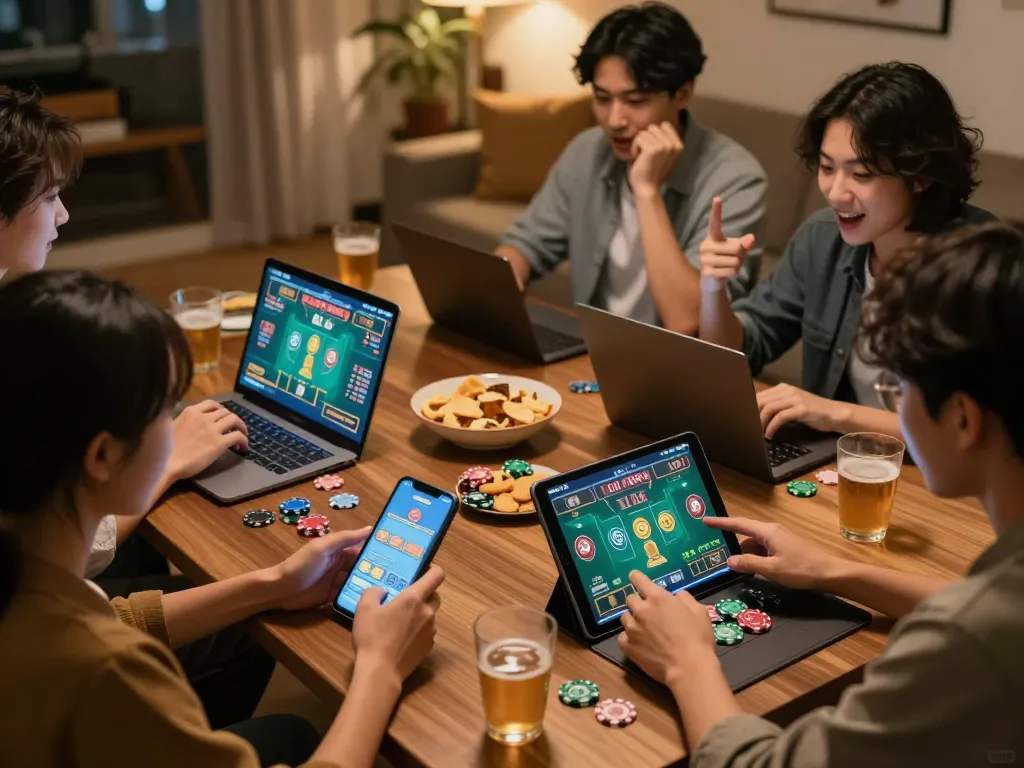Tài xỉu online game interface engaging friends in a lively home setting, fostering fun and strategic play.
