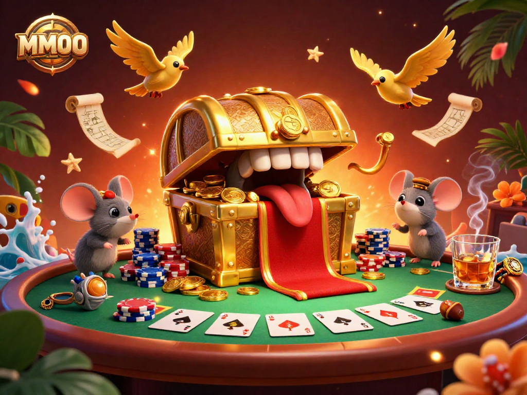 Engage in thrilling poker action at MMOO with a treasure chest inviting adventure.