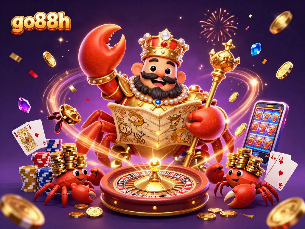 Experience thrilling wins at go88h with our vibrant, dynamic casino illustration featuring a golden crab emperor.