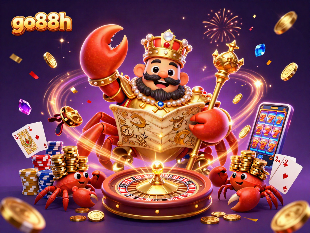 Experience thrilling wins at go88h with our vibrant, dynamic casino illustration featuring a golden crab emperor.