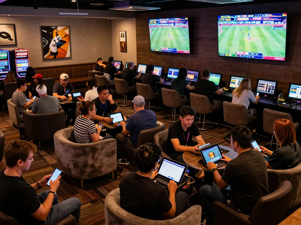 nhandinhkeonhacai enthusiasts strategizing bets in a lively sports betting lounge
