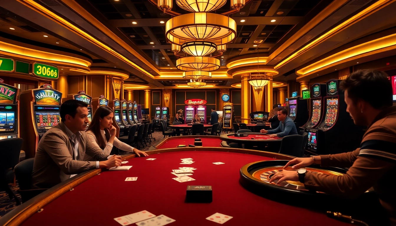 Bay789 players enjoying a thrilling casino experience at a luxurious poker table with chips and cards.