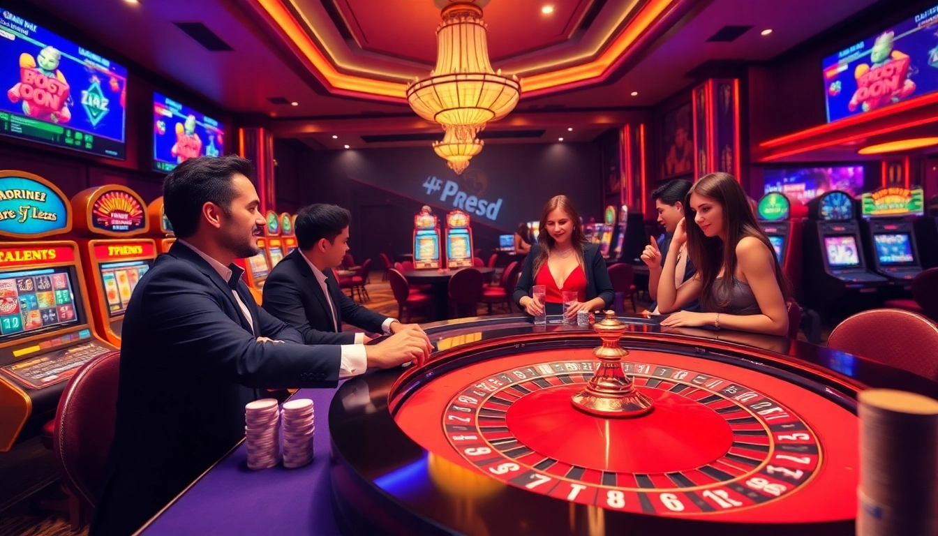Players enjoying a lively roulette game at https://tg881.net/, surrounded by vibrant slot machines and a professional dealer.