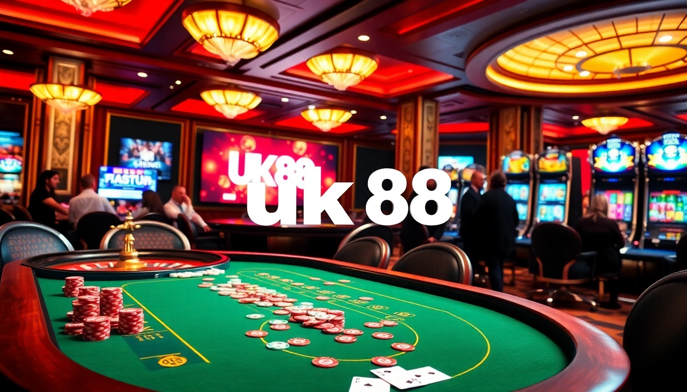 Experience excitement at uk88 casino tables with poker chips and roulette wheels.