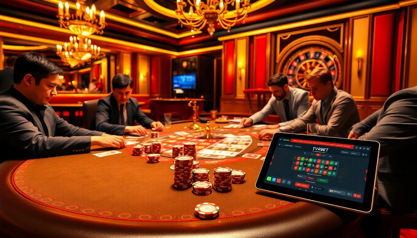 Engage in thrilling gameplay by tải i9bet on your device amidst an upscale casino scene with poker chips and cards.