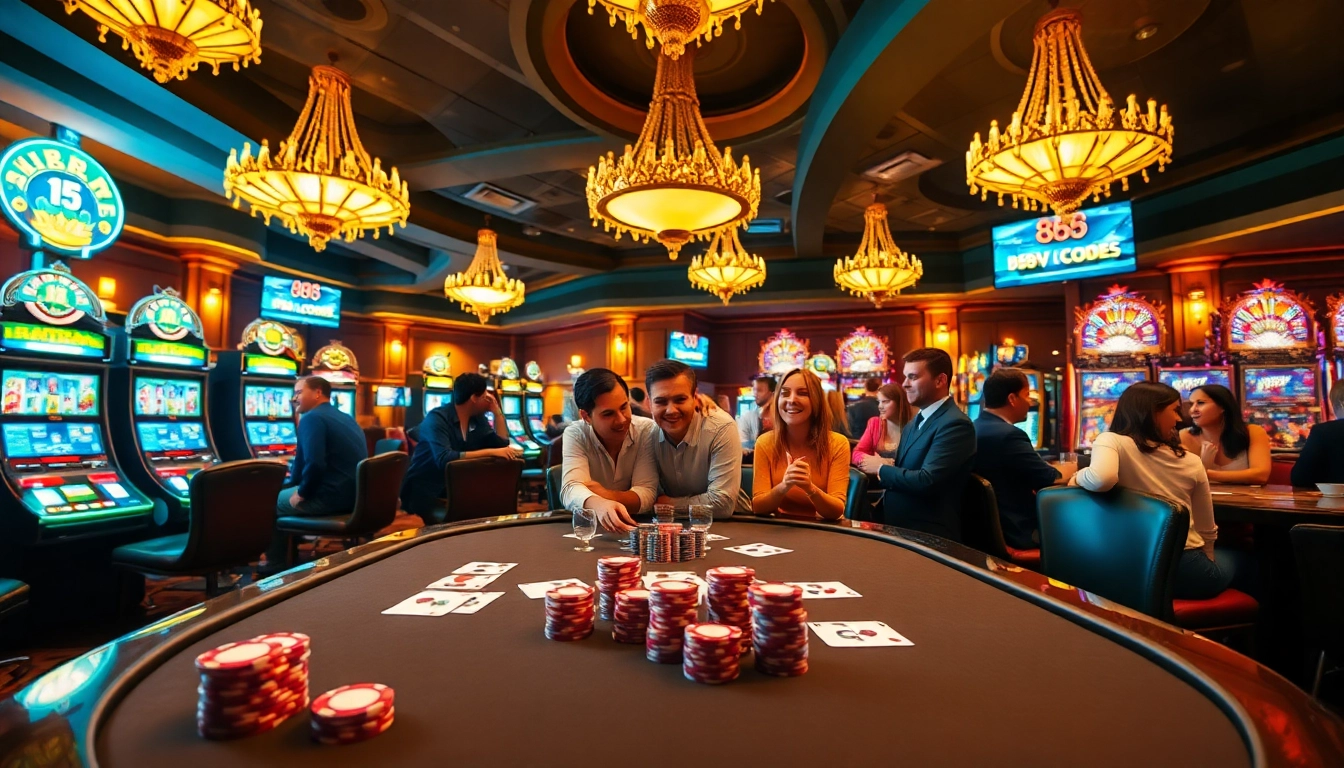 The exciting atmosphere of gambling at https://888vi.codes/ with luxurious poker tables and happy players celebrating wins.