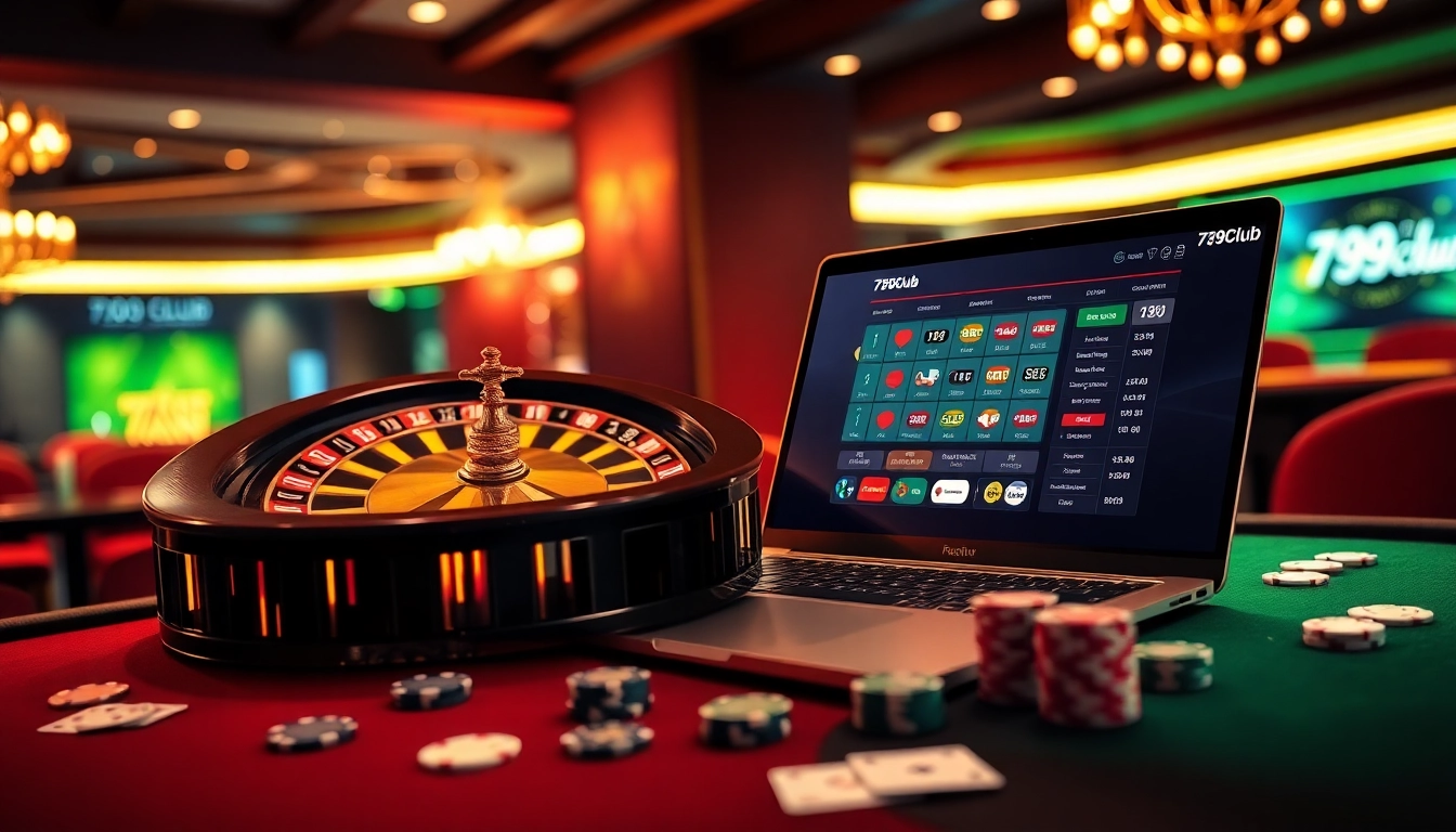 Experience the thrill of 789club's online gambling with a vibrant casino scene featuring poker chips and roulette.