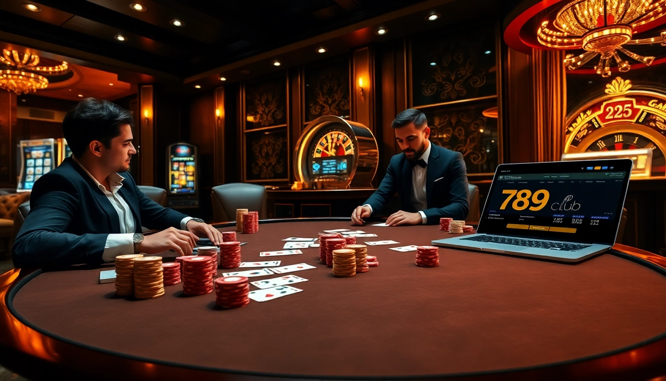 A vibrant poker scene showcasing players at 789club, with colorful chips and cards in play at a luxurious casino.