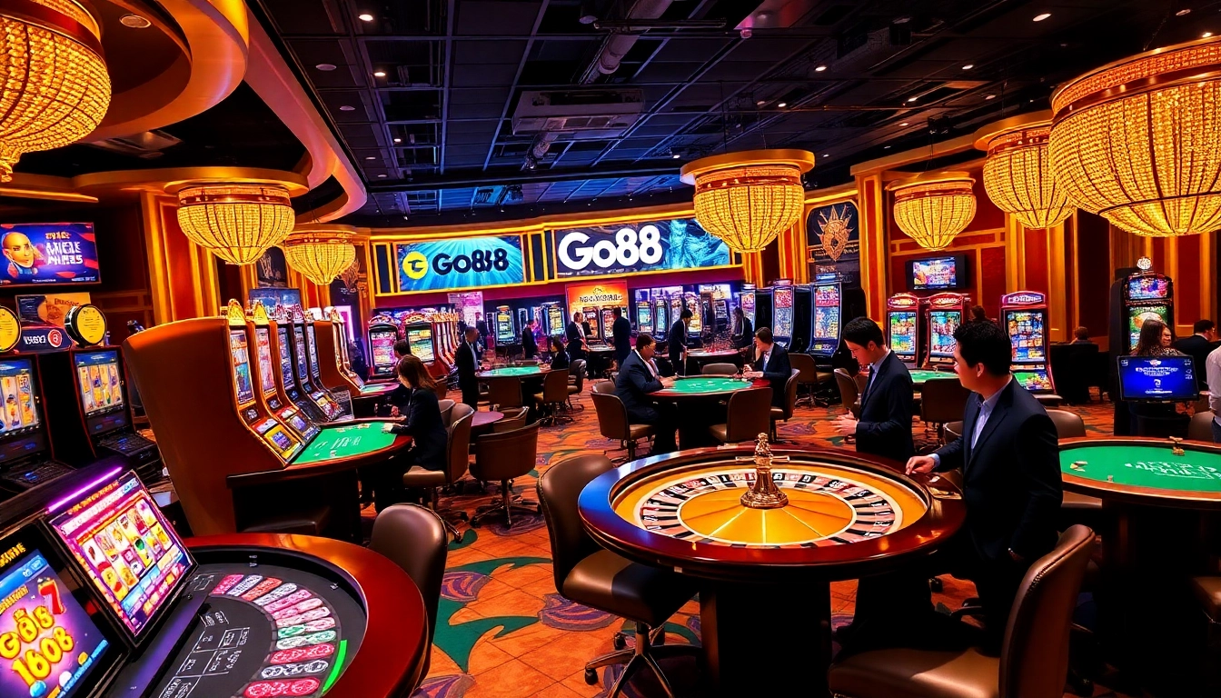 Gamblers enjoying intense moments at go88 casino tables with vibrant gaming elements.