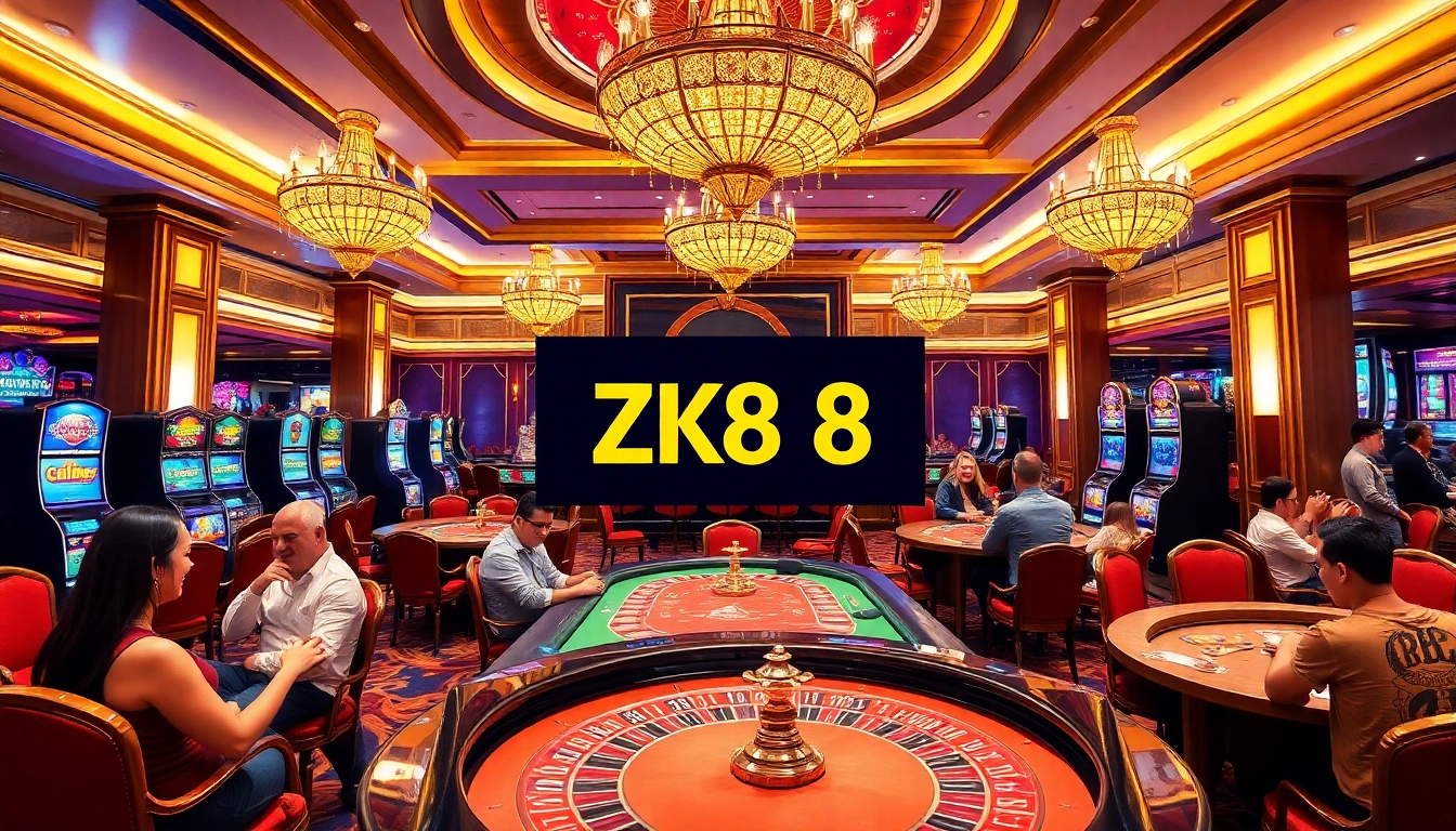 ZK88 players enjoying high-stakes games at a luxurious casino, capturing the excitement of online gambling.