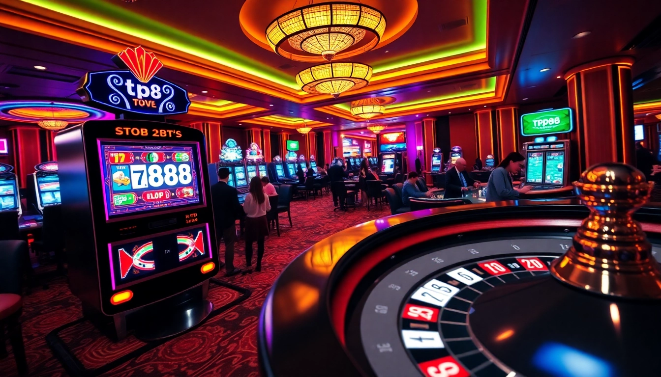 Exciting casino scene featuring the TP88 slot machine surrounded by vibrant poker chips and cards.