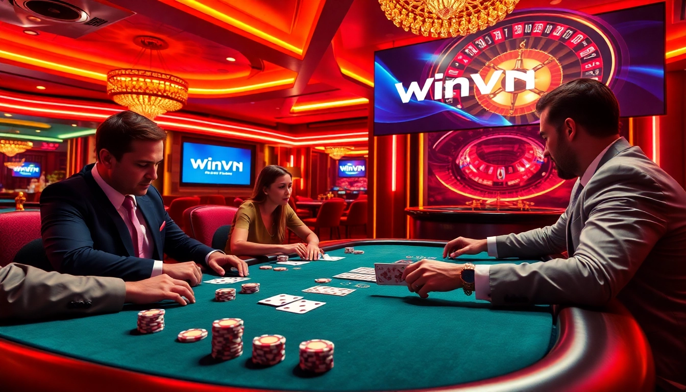 WinVN poker players celebrating a winning hand in a luxurious casino.