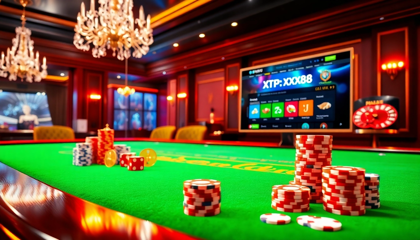 Experience the excitement of online gambling at https://xx88.se.net/ with vibrant casino visuals featuring poker chips and dice.