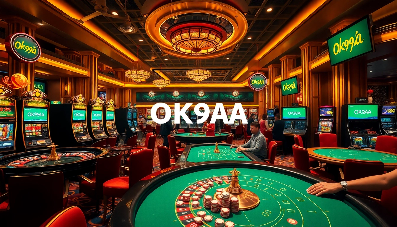 Players enjoying a thrilling experience at the OK9AA casino, immersed in high-stakes gaming with vibrant atmosphere.