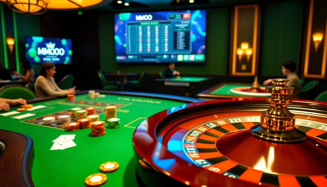 MMOO players enjoying an exciting online casino experience with vibrant poker chips and roulette.
