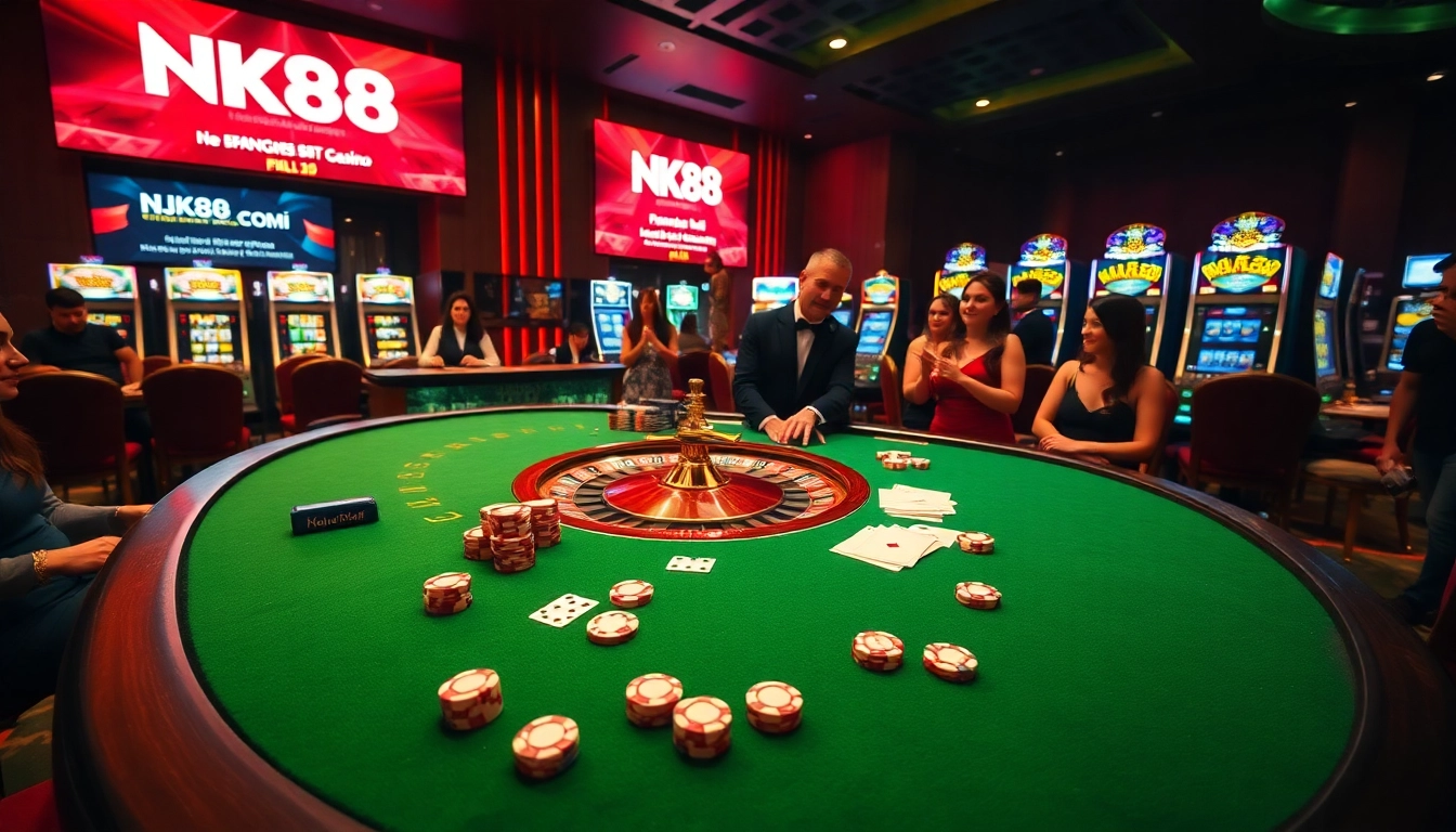 Experience the thrill of NK88 casino with vibrant roulette and poker tables.