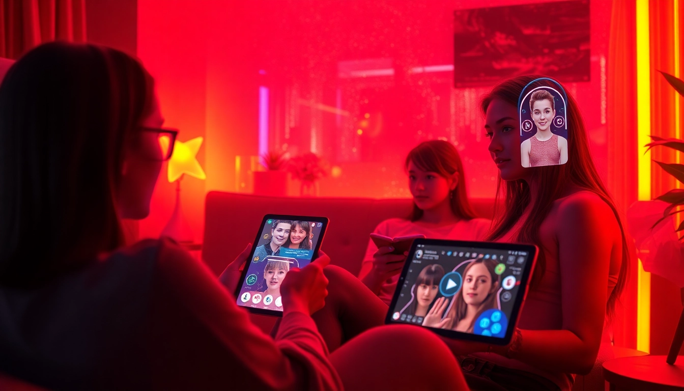 Engaging scene of cozy digital interaction with sex AI companions, highlighted by warm lighting.