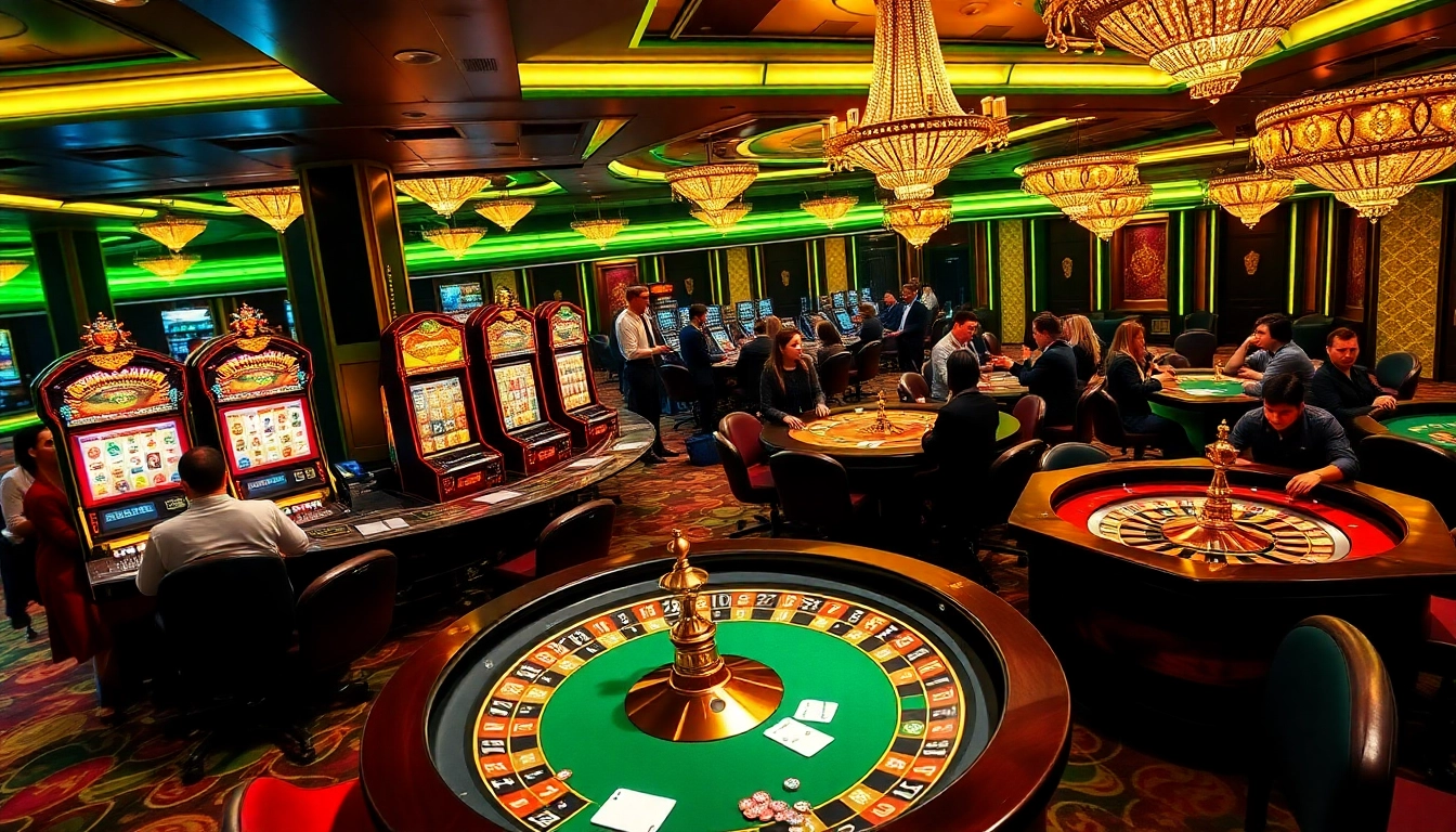 Experience the excitement of go88 gotham in a luxurious casino setting, featuring vibrant tables and slot machines.