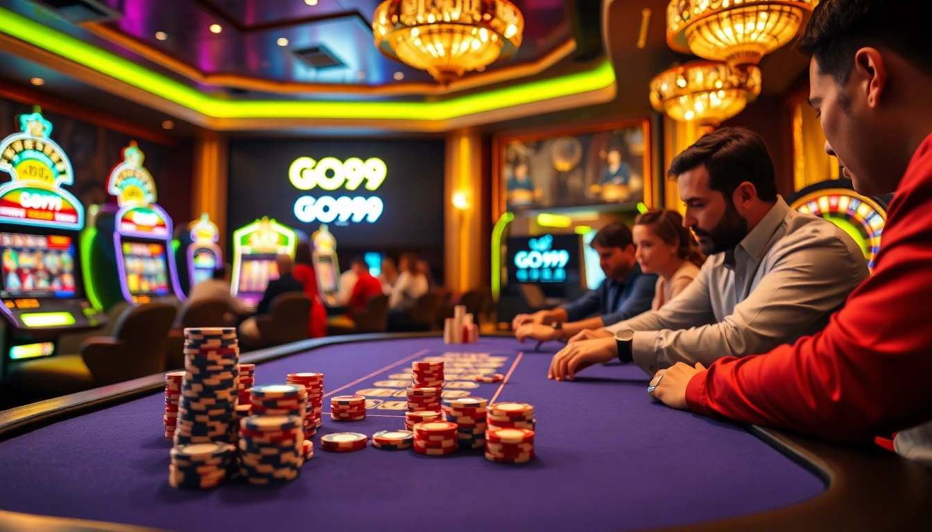 Engaged players at a GO99 poker table amidst vibrant casino atmosphere, showcasing high stakes and excitement.