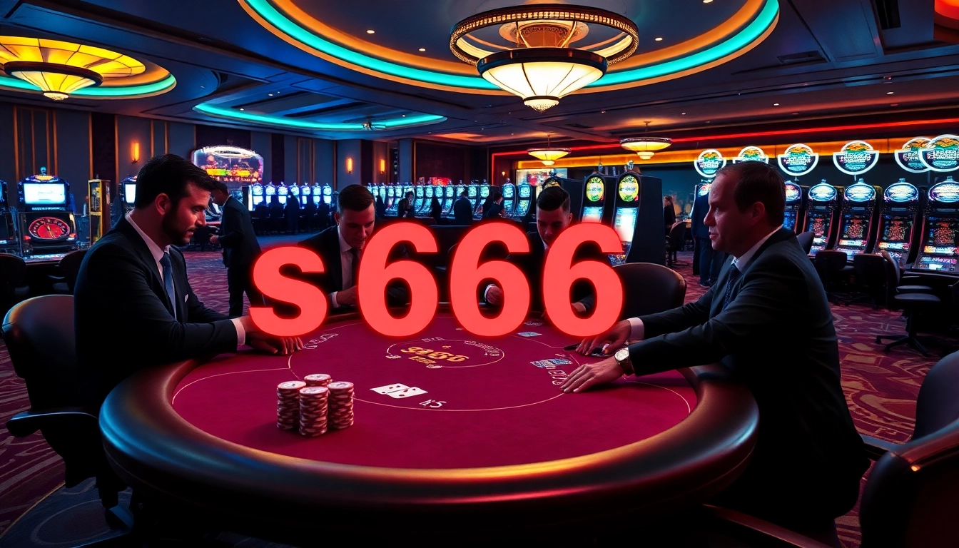 Players engaging in high-stakes poker at a vibrant s666 casino, surrounded by colorful chips and lights.