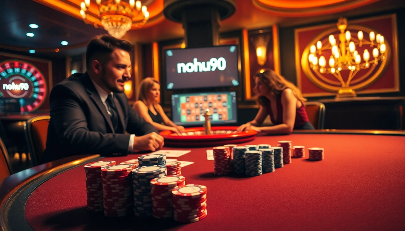 Gambling excitement at NOHU90 with poker chips and cards on a vibrant casino table.