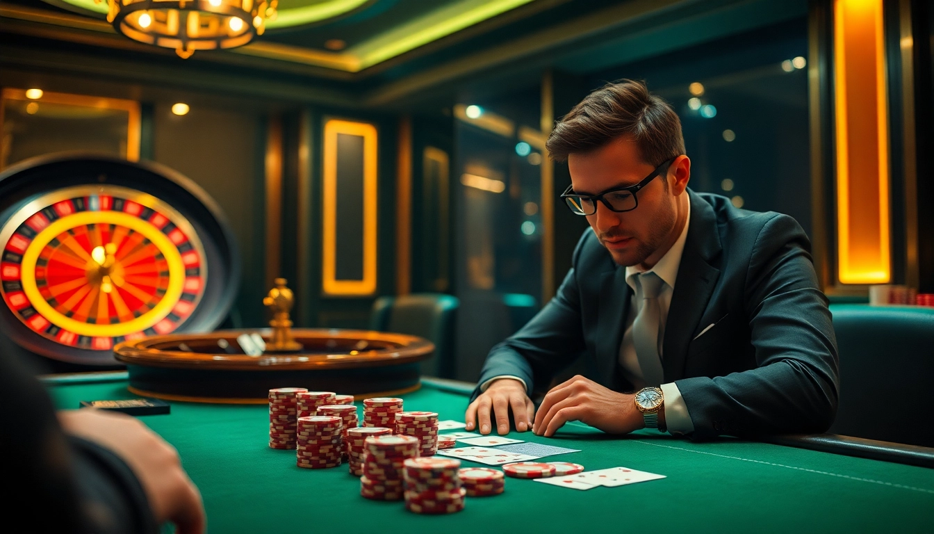 Excited player engaging in a high-stakes game at rikvip with vibrant chips and elegant cards.