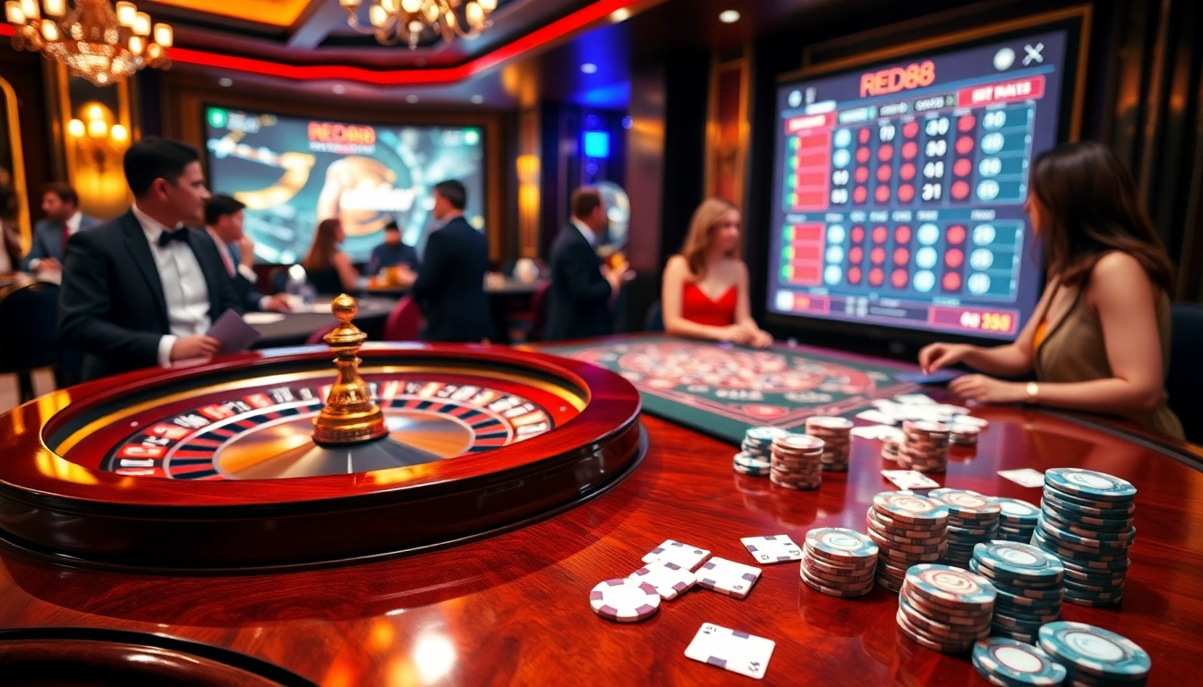 A vibrant scene of red88 betting at a luxurious casino table with poker chips and cards.