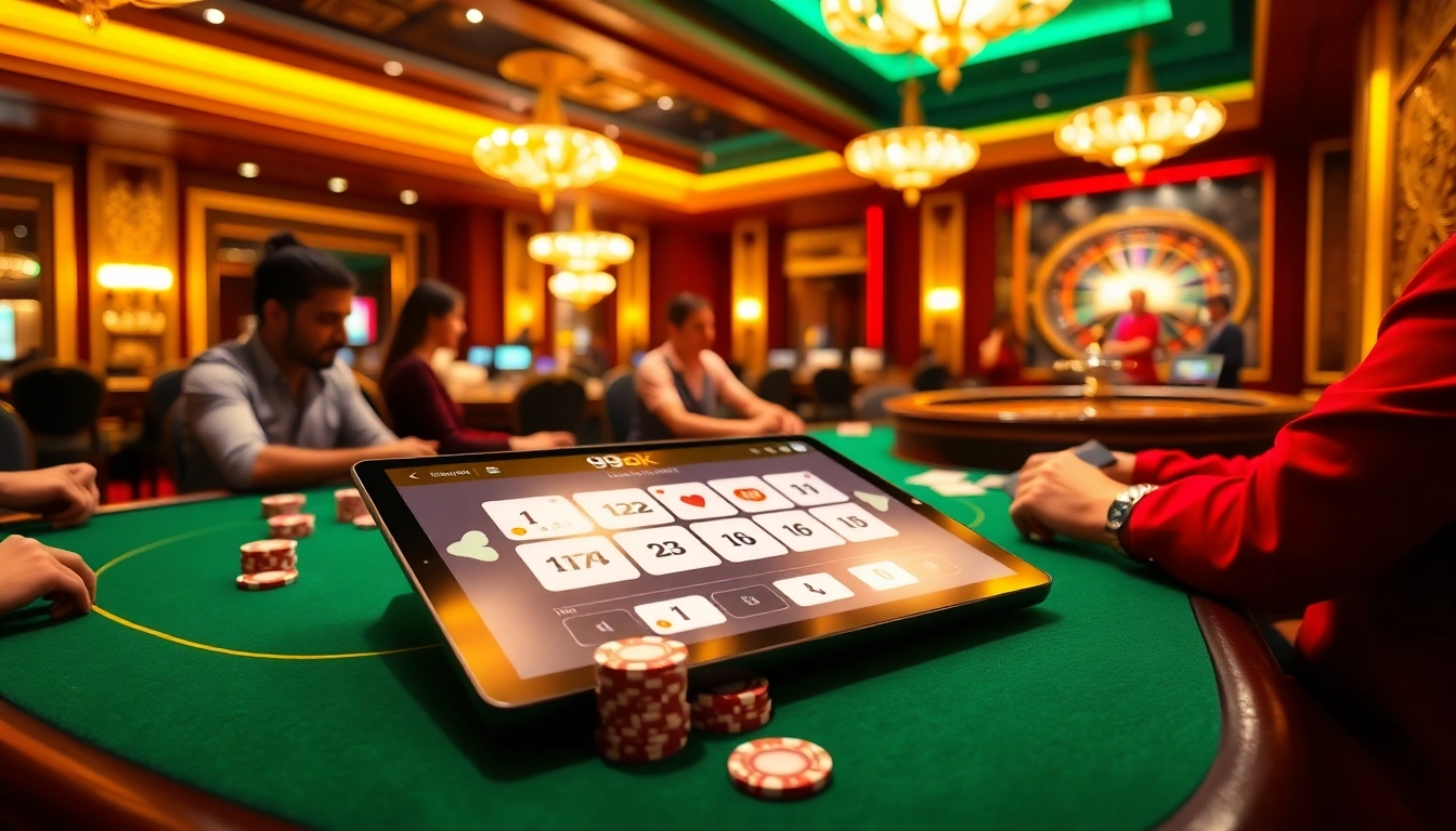 Players enjoy high-stakes poker at 99ok, with vibrant chips and a luxurious casino backdrop.