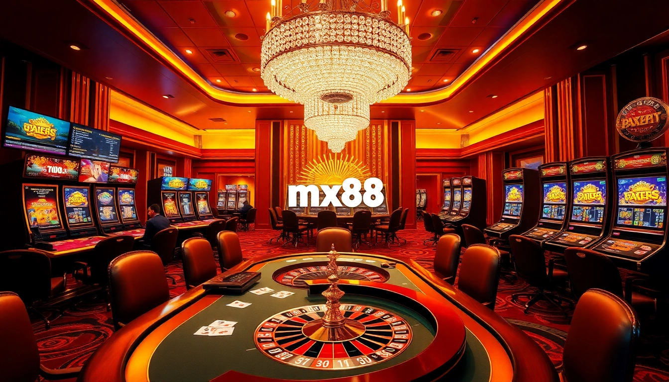 Experience the thrilling world of max88 with a vibrant casino scene showcasing poker tables, roulette, and slot machines.
