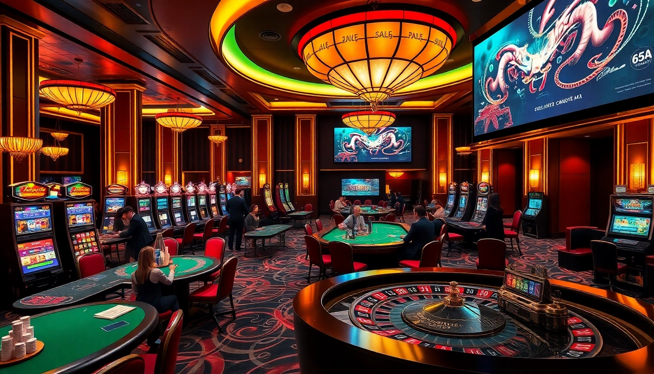 Players enjoying a vibrant casino experience at 65A with elegant tables and modern slot machines.