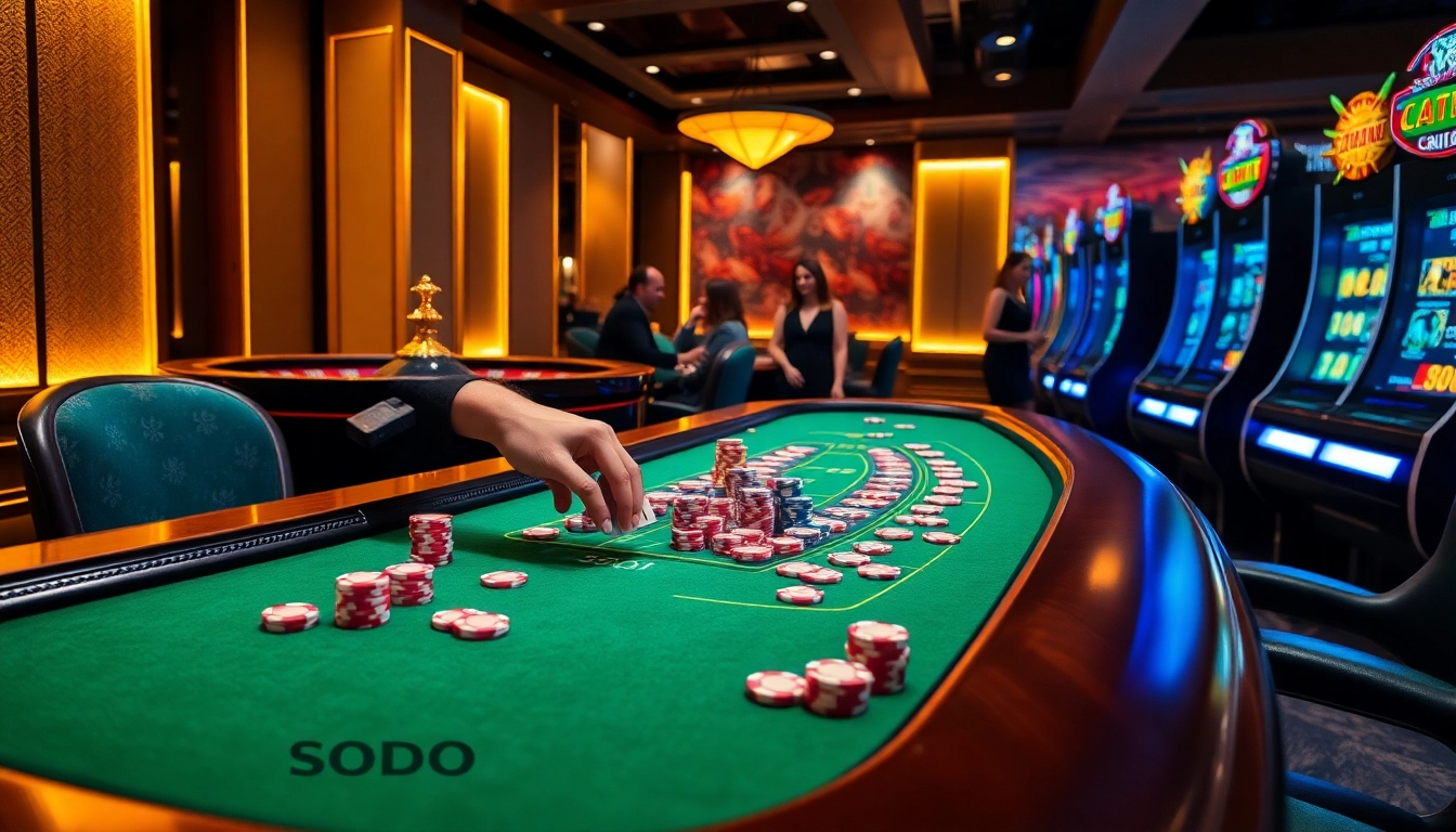 SODO Casino players engaging in intense card games at a lavish table with vibrant chips.