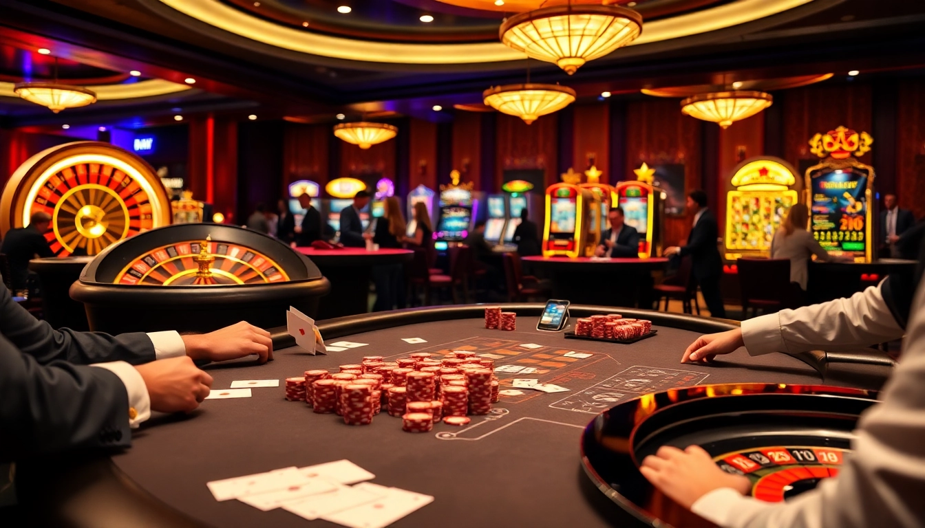 Exciting casino atmosphere at XXGG with glamorous tables, cards, and vibrant betting chips.