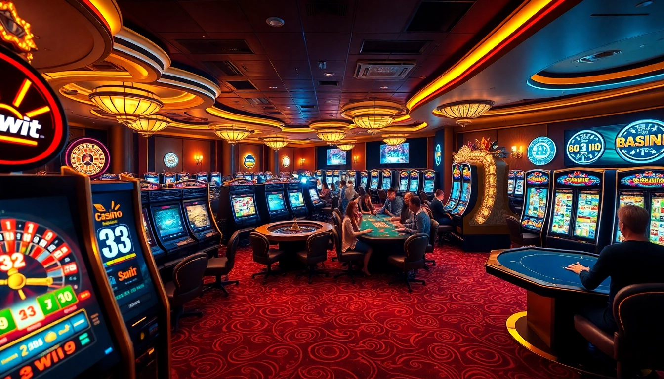 Excited players at a luxurious casino environment showcasing the 33win logo.