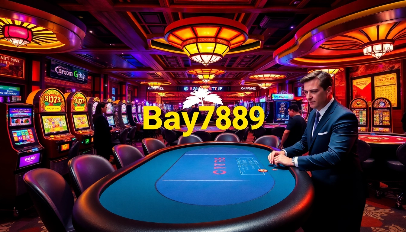 Experience the thrill of games at Bay789, featuring vibrant poker tables and slot machines.