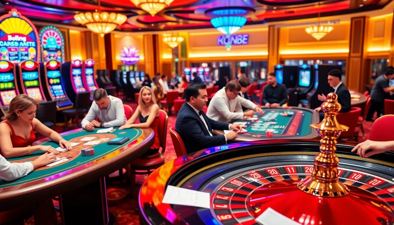 Experience high-stakes gaming with poker players at a thrilling casino scene featuring NO HU88 elements, vibrant slot machines, and a roulette wheel.
