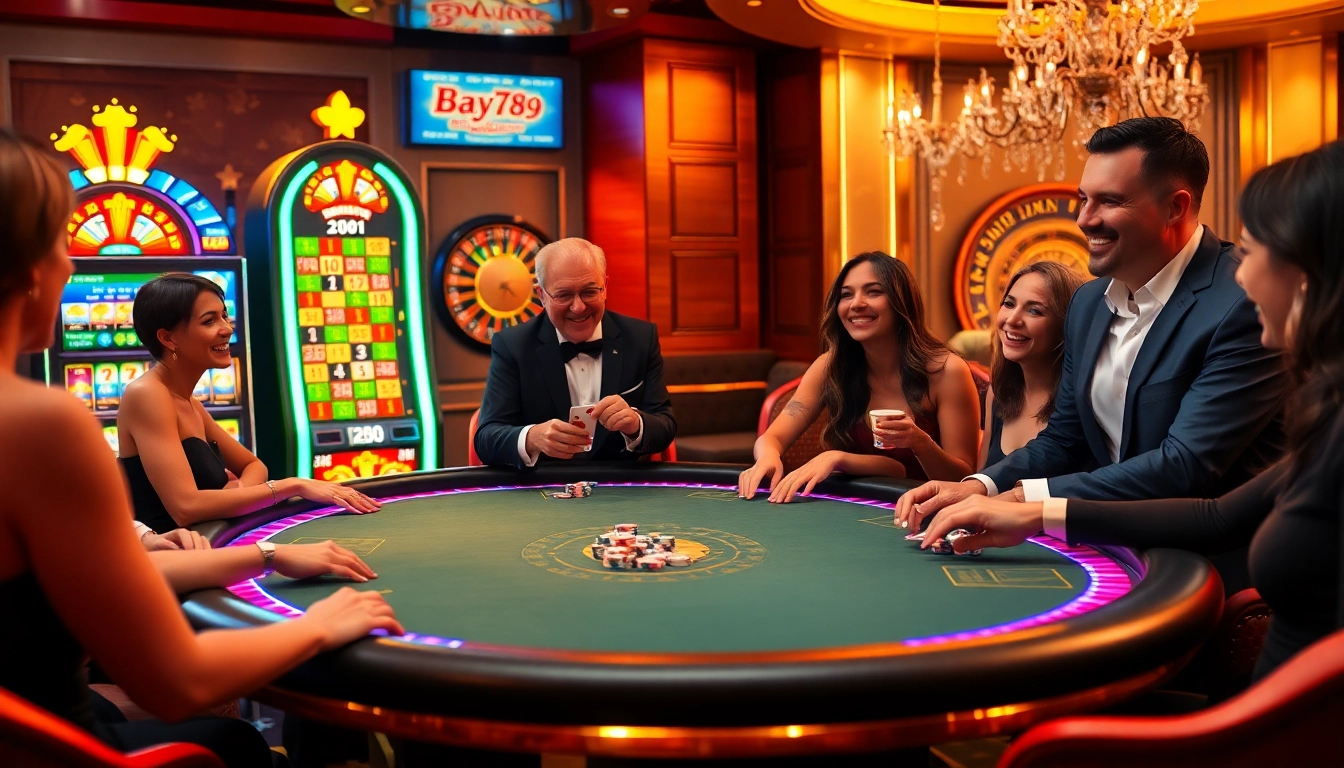 Players enjoying a thrilling poker game at the Bay789 casino table, filled with excitement and vibrant atmosphere.