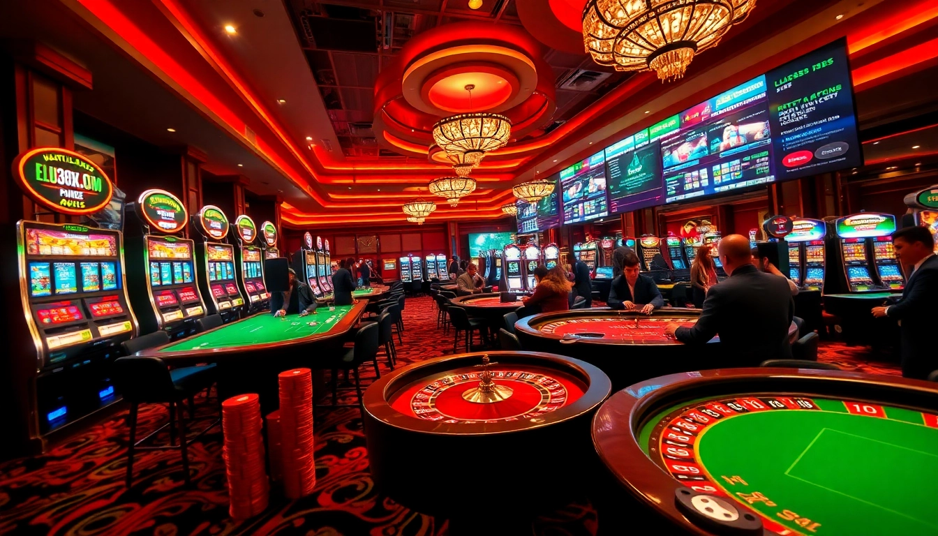 Players engaging in thrilling games at Lu88k.com casino, highlighted by vibrant slot machines and elegant tables.