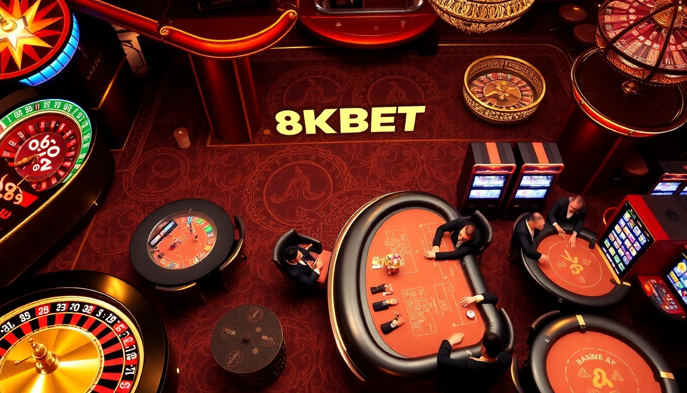 Experience the excitement of 8KBET with a luxurious casino scene featuring roulette, slot machines, and poker tables.