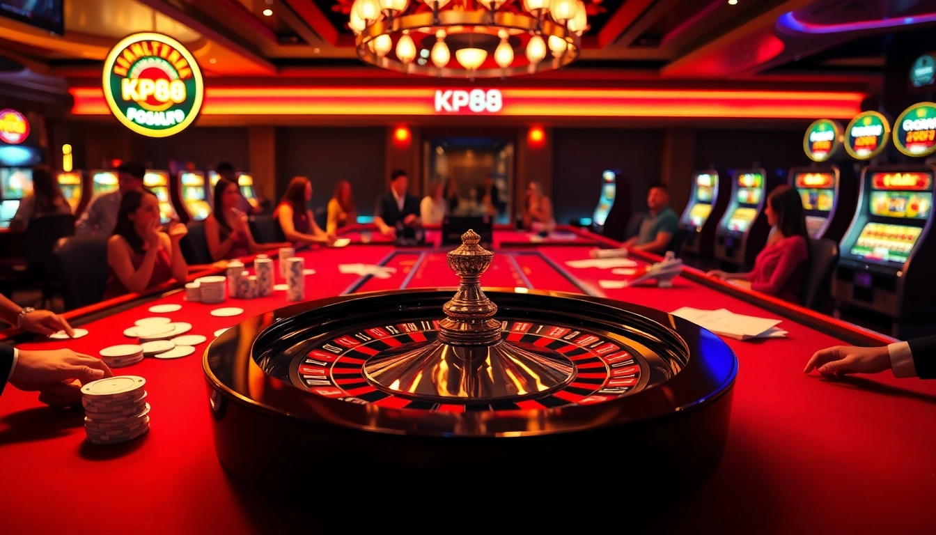 Kp88 players enjoying an exciting roulette game with vibrant poker chips and a luxurious ambiance.
