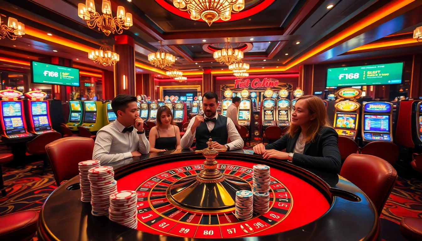 A dynamic gaming scene at F168 nhà cái showcasing a roulette table and vibrant slot machines in a luxurious casino setting.