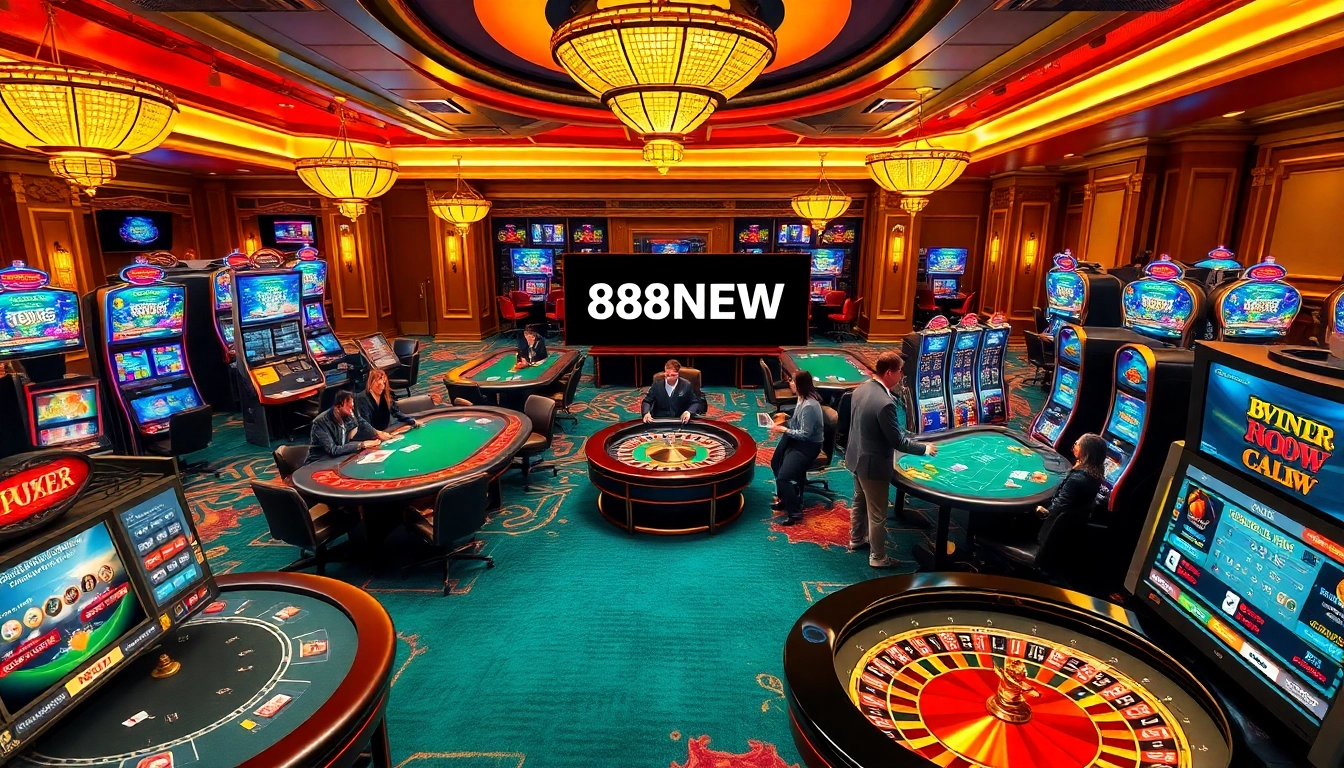 Players engaging in thrilling games at 888NEW casino, featuring dynamic poker tables and vibrant slot machines.