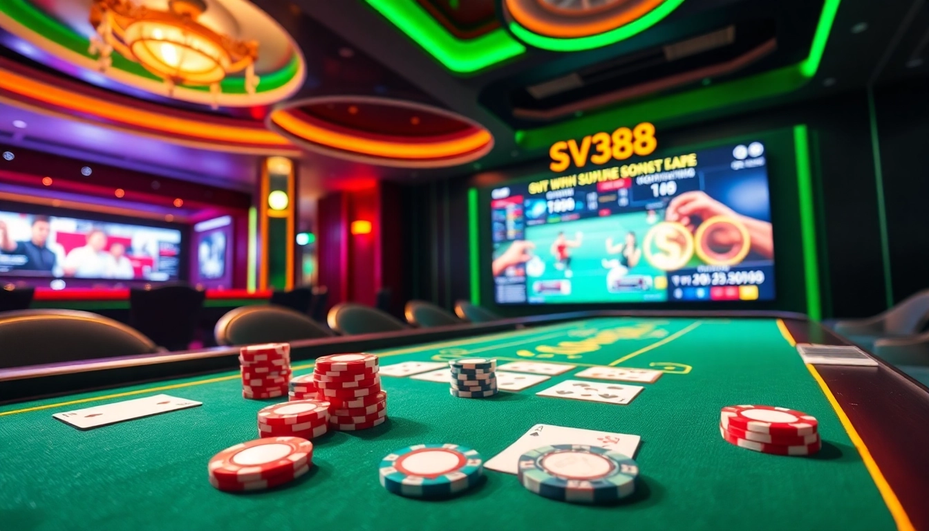 Engaging scene showcasing SV388 with poker chips and live cockfighting action for online gambling enthusiasts.