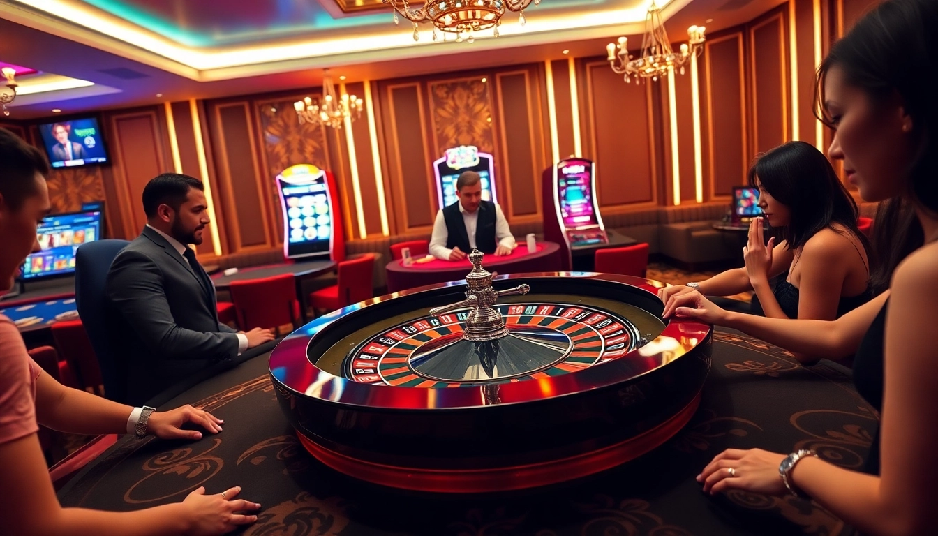 Players engage with the Fun 88 online casino, featuring roulette and poker games amid an exciting atmosphere.