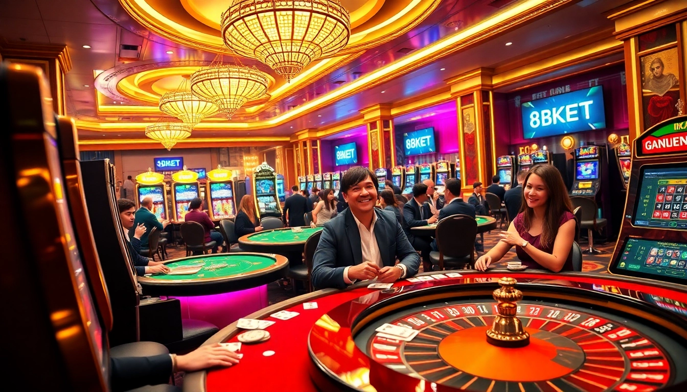 Players enjoying their favorite games at 8KBET casino with vibrant atmosphere and excitement.